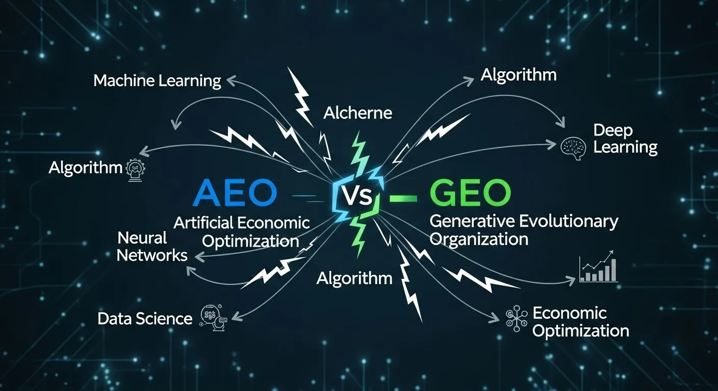 AEO, GEO 등 AI 관련 신조어와 기존 용어의 충돌을 나타내는 개념도